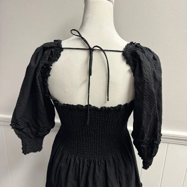 Hill House Nesli Nap Dress Short Puff Sleeve Swiss Dot Tiered Midi Black Small S - Image 9