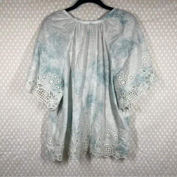Anthropologie White Blue Tie Dye Floral Embroidered Eyelet Top‎ - Image 6