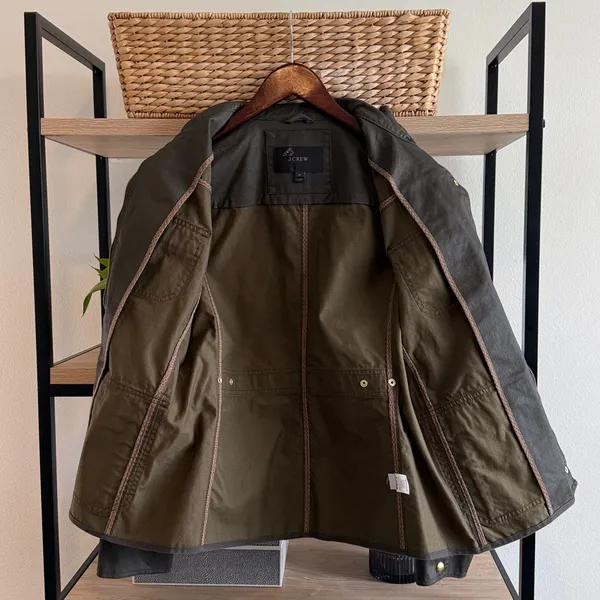 J. Crew Downtown Field Jacket Chore Coat Cotton Waxed Mossy Green Brown, Med - Image 8
