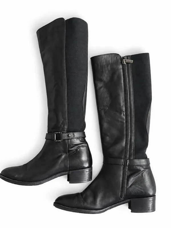 Aquatalia Knee High Riding Boots 6 Black Leather Stretch Panel Harness - Image 4