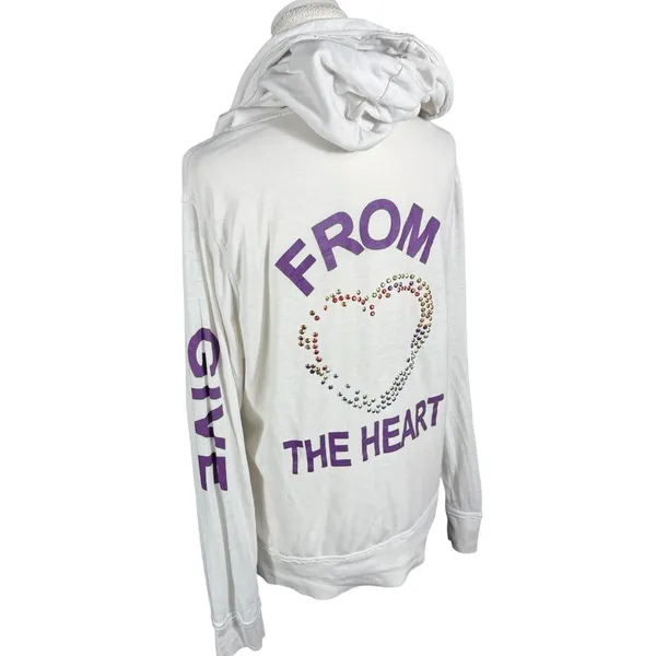 Zip Up Hoodie Womens L White Give From The Heart Rhinestone Peace Graphic - Image 6