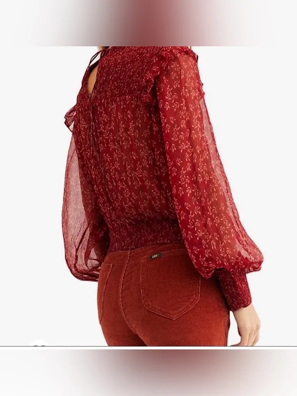Free People Berry Red Roma Mock Neck Long Sleeved Floral Blouse Medium - Image 2