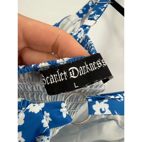 Scarlet Darkness Midi Dress Womens L Blue Floral Milkmaid Smocked Cottagecore - Image 3