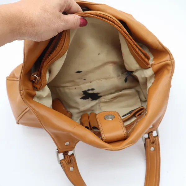 Nine West Shoulder Bag Womens Medium Tan Faux Leather Multi Pocket Satchel Good - Image 10