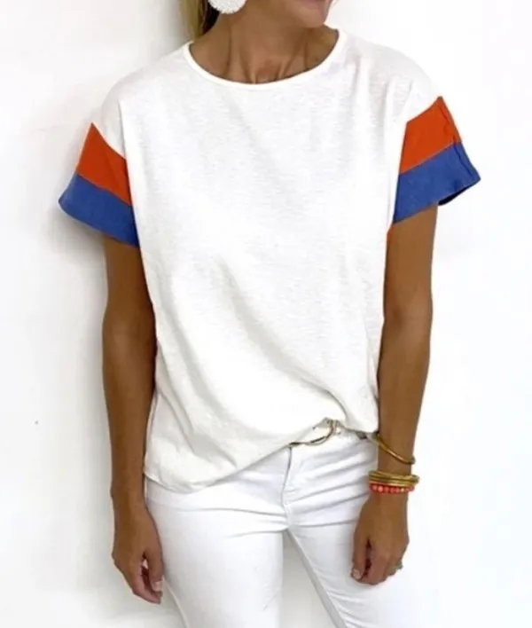 Anthropologie Hailey & Co oversized tee knit patchwork statement sleeves cobalt cap top - Image 2