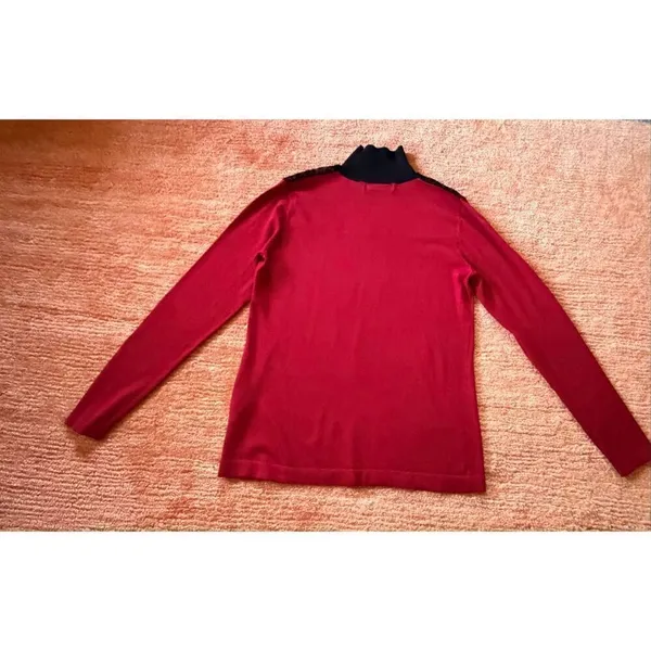 August Silk Heritage Sweater Red Black Velvet Mesh Mock Neck M - Image 8