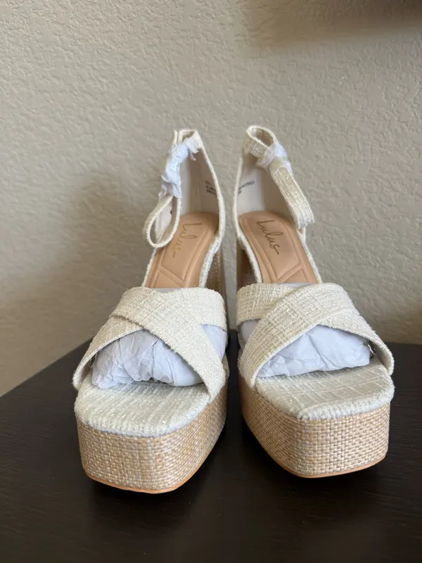 Lulus Capitolla White Tweed Platform Ankle Strap Sandals - Image 3