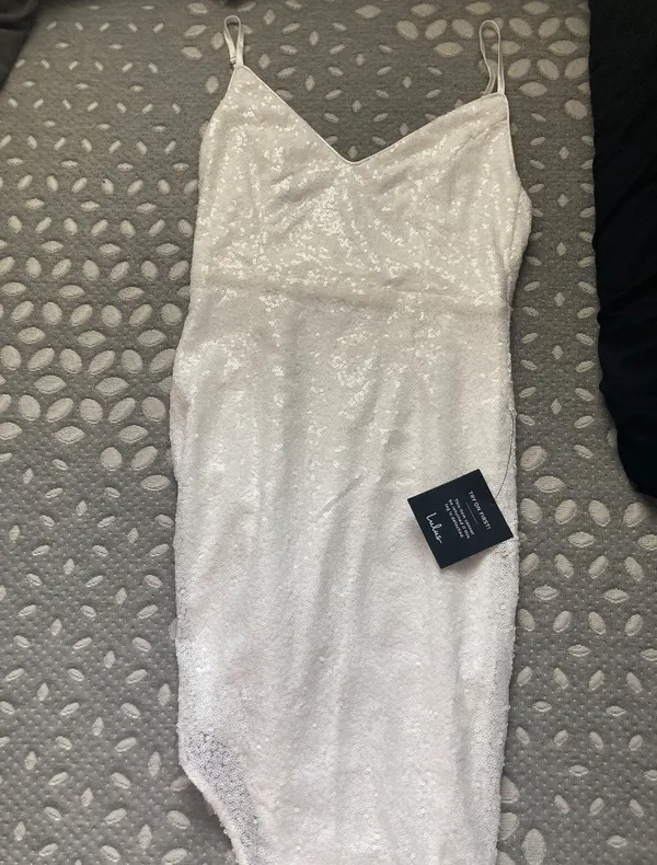 lulu’s white, sequin, sparkly slit dress with adjustable straps - Image 7