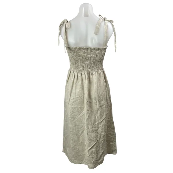 Aritzia Wilfred Golden Hour 100% Linen Beige Smocked Sleeveless Midi Dress Sz M - Image 3
