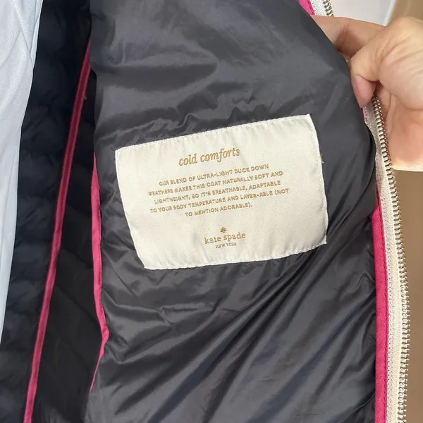 Kate Spade New York Quilted Puffer Jacket Ivory Black Trim Pearl Buttons XSMALL - Image 14