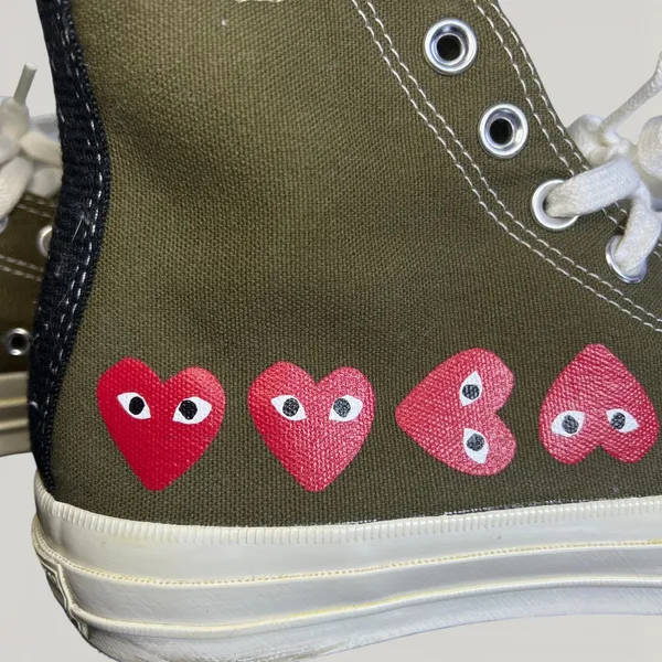 CDG Play Converse Chuck 70 Multi Heart Olive High Mens 7 Womens 9 Green Sneakers - Image 2