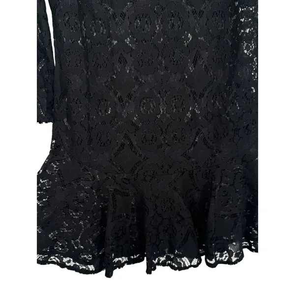 Free People Sheer Floral Lace Mini Dress 3/4 Sleeve Ruffle Hem Black Boho Size 0 - Image 7