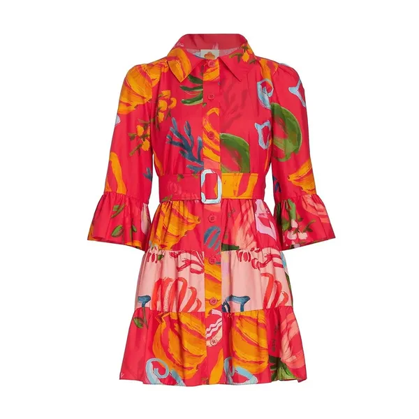 Farm Rio Tropical Fruit Printed Mini‎ Shirt Dress Small Multicolor Belted Resort - Image 13