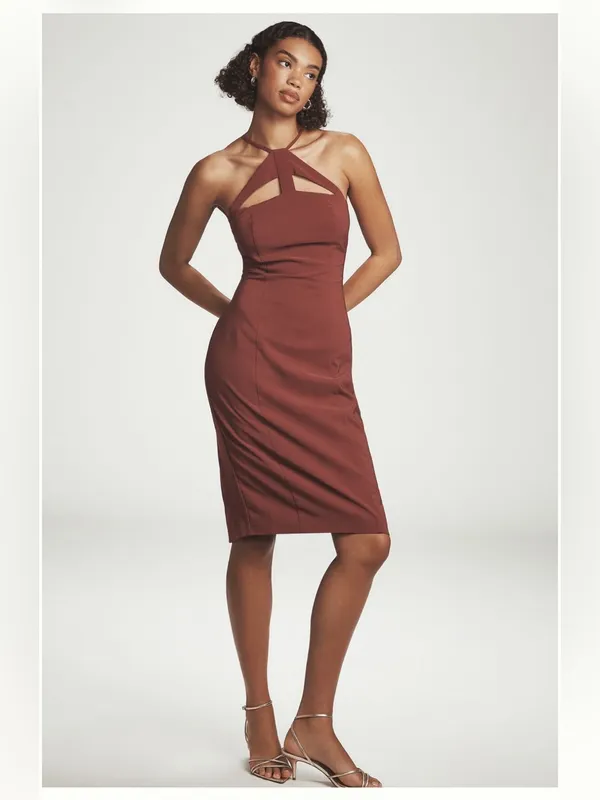 By Anthropologie Halter Cutout Slim Midi Dress in Cherrywood - Image 3