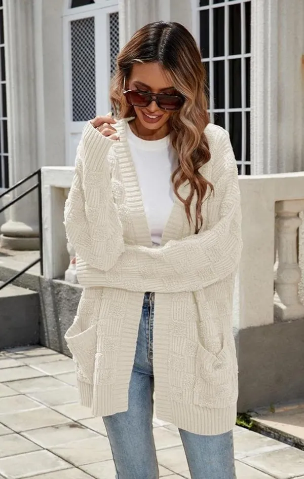 NEW Ivory Oversized Checkered Chunky Cardigan Sweater Open Front XL - Image 6