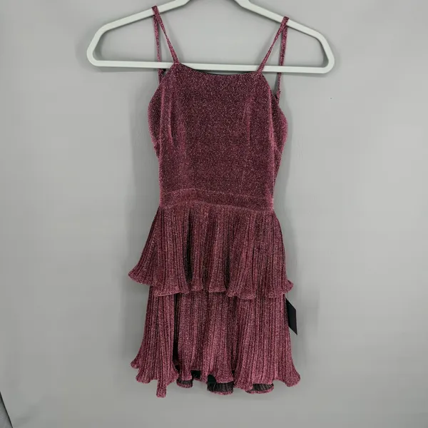 Lulus Sweetest Soiree Mini Dress XS Plum‎ Metallic Tiered Plisse Open Back Party - Image 3