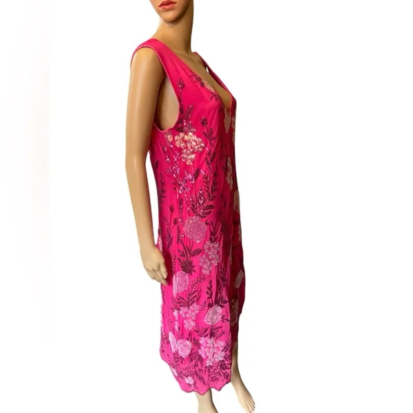 Pink Silver Sequin Embroidered Floral Preppy Barbie Glam Party Midi Dress - Image 4