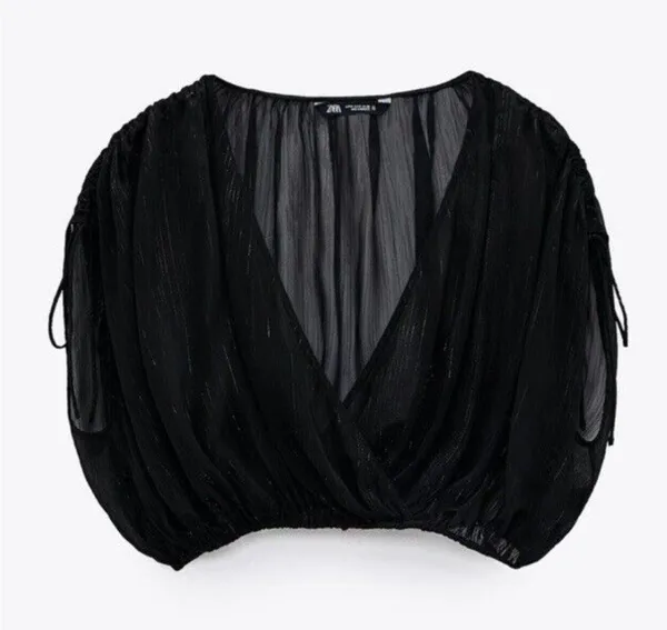 ZARA METALLIC THREAD SHEER CROP TOP in Black Gold, Size XS, NWT - Image 13