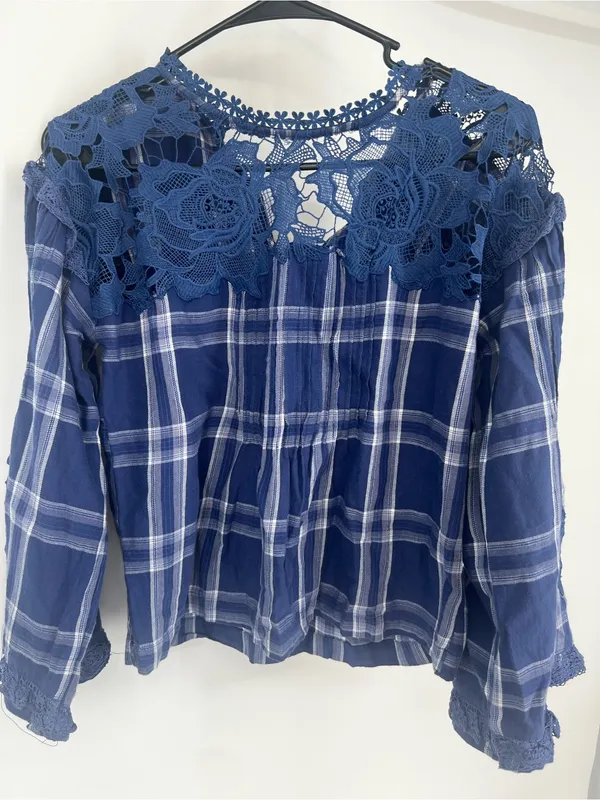 Free people Blue Plaid Lace Yoke Women's Top - Unbranded - Image 4