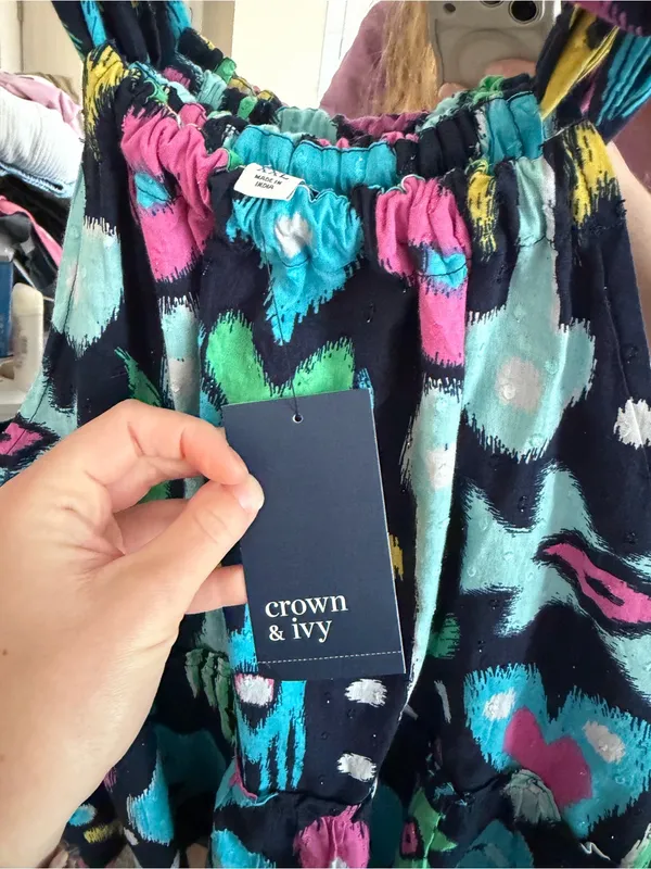 NWT crown & ivy Navy Multi Ikat Print Halter Peplum Tank - Image 4