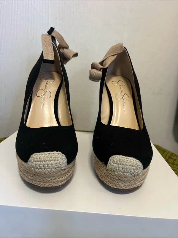 Jessica Simpson Black Wedge Espadrille Heels with Tan Ankle Wraps - Image 3