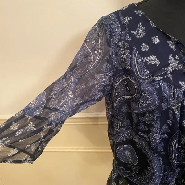 Boho Chic Blue Paisley Peasant Blouse with Tie Front Flounce Sleeve Top - Image 2