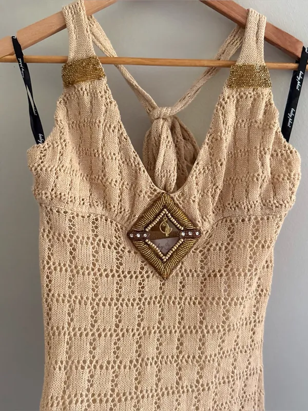 Y2K Baby Phat Vintage Crochet Knit Beaded Halter Top Women’s Large - Image 5