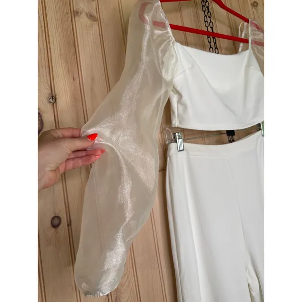 NWT Lulus Sheerly Sultry Ivory Organza Balloon Sleeve Two-Piece Jumpsuit Size M - Image 6