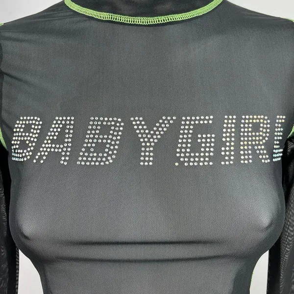 Urban Outfitters Womens Black Babygirl Rhinestone Mesh Long-Sleeve Crop Top XS - Image 3