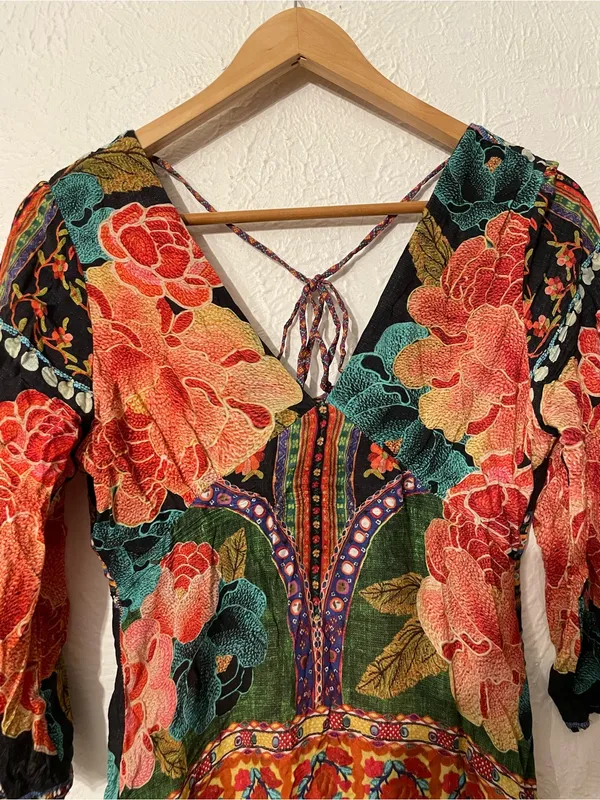FARM Rio Rosario Black Floral Print Teal Patterned Midi Dress XS - Image 5