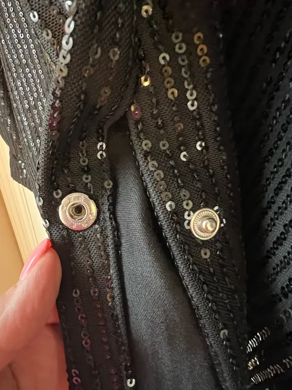 Woman's Large Black Sequin Button Down Shirt Jacket Long Sleeve Sparkle Party - Image 5