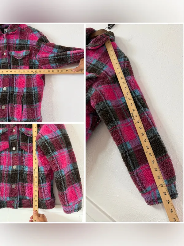 APPARIS Women XS Plaid Sherpa Teddy Trucker Jacket Pink Blue Faux Shearling - Image 8