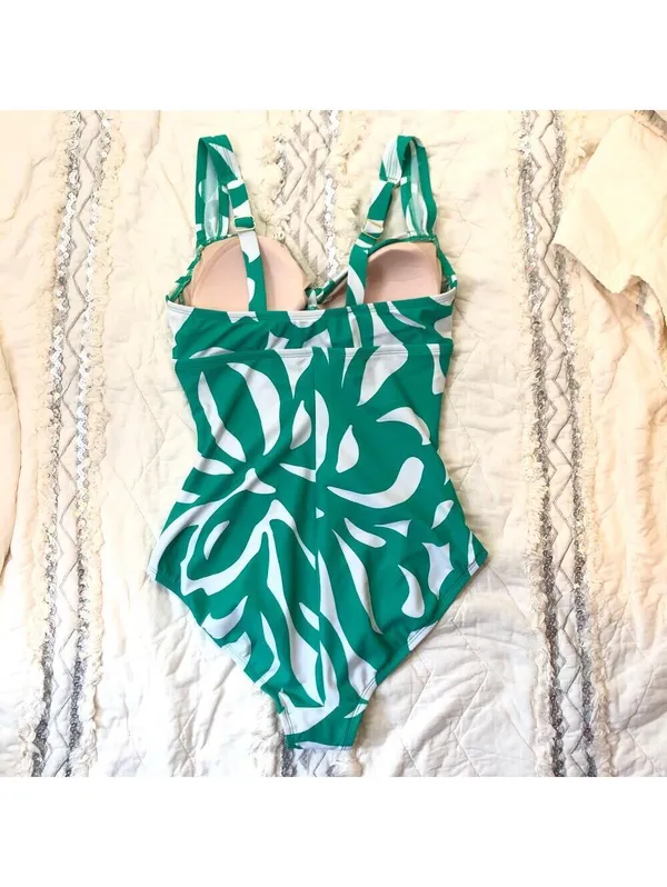 Shade & Shore NWT Women's One Piece Swimsuit Green White Leaf Shirred M (8/10) - Image 11