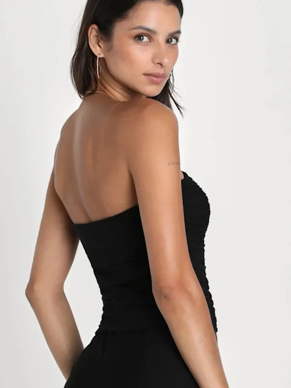 LULU's Sexy Chic Black Bustier Strapless Date Night Party Vacation Ruched Top - Image 2