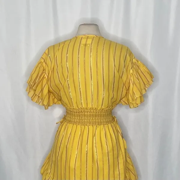 SAYLOR Yellow Metallic Striped Dress Fluttery Smocked Mini Gold Party Medium - Image 9
