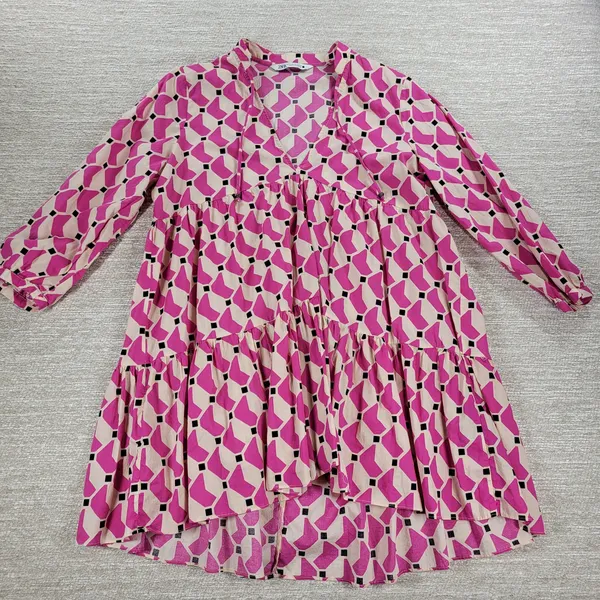 Zara Geometric Babydoll Dress Womens Medium Pink High Low Tunic Tiered Loose Fit - Image 8