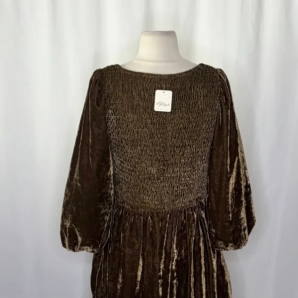 NWT!! FREE PEOPLE Farrier Velvet Mini Dress Smocked Solid Brown Bear Mini Medium - Image 10