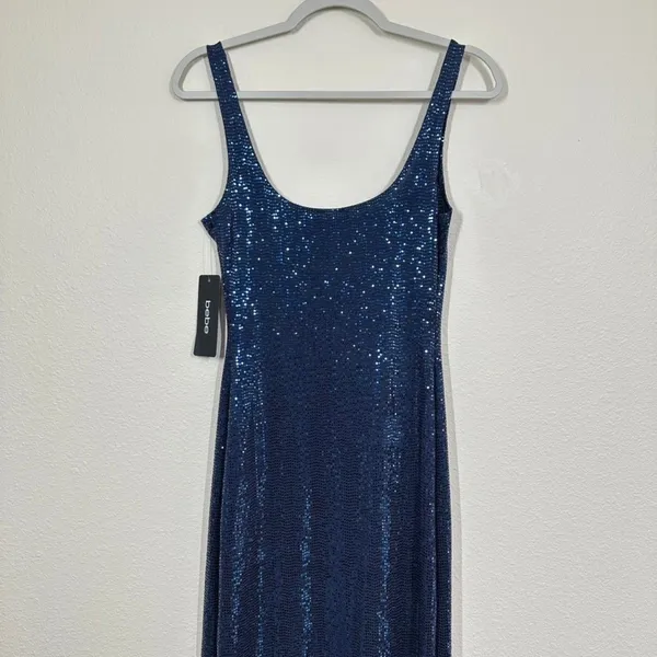 Bebe Women's Size Small Navy Blue Sequin Scoop Neck Maxi Dress Side Slit Party - Image 11