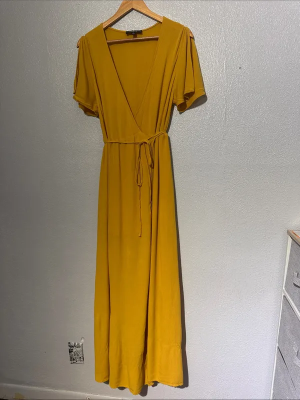 Lulus Much Obliged Golden Yellow Split Sleeve Wrap Maxi Dress L - Image 2