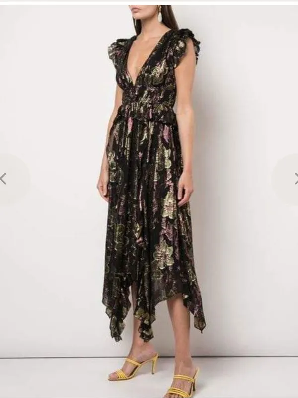 Ulla Johnson Nerissa Dress Black Floral High-Low Ruffle Midi Dress - Image 9