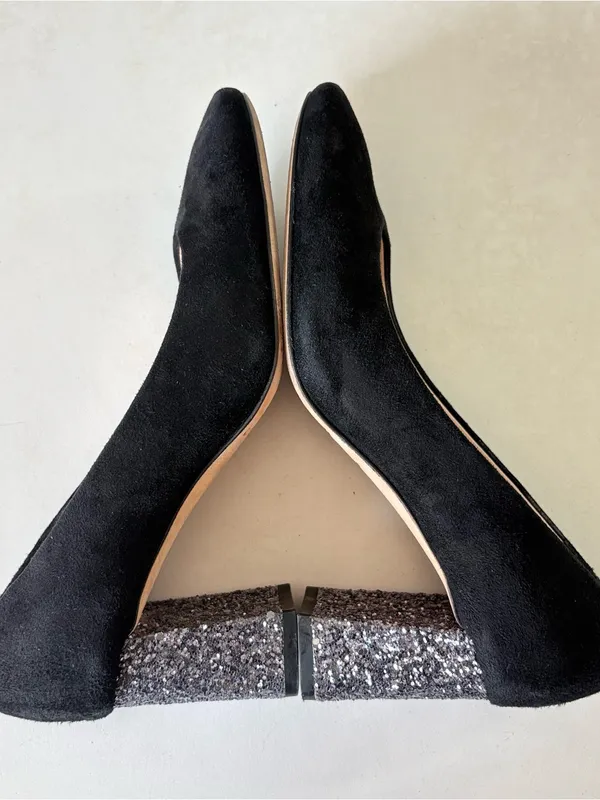 Kate Spade Black Suede Pumps Sparkling silver glitter Block Heel Womens Size 7.5 - Image 10