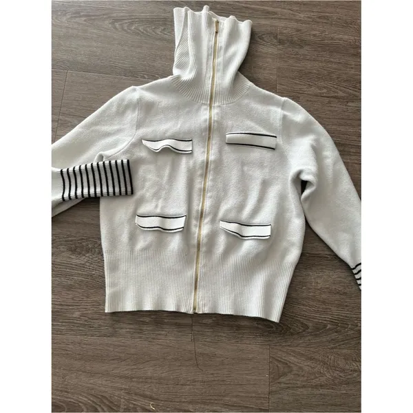Marc New York Turtleneck Sweater Womens M Ivory White Full Zip Black Stripe Knit - Image 4
