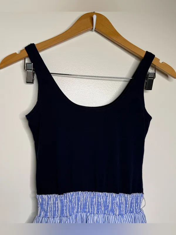 Y2K Abercrombie & Fitch Mini Babydoll Dress Smocked Waist Sz Small Navy Stripes - Image 2