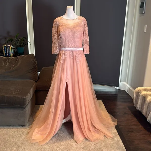 Women’s Pink Lace Appliqué Tulle Wedding Formal Prom Dress Leg Slit Size L NWOT - Image 3