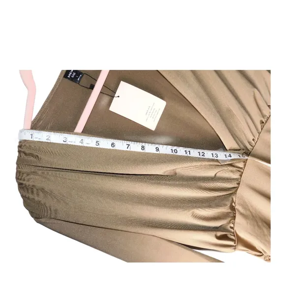 SHEIN BAE Long Sleeve Ruched Deep‎ V Midi Dress – Size L – Tan/Khaki - Image 8