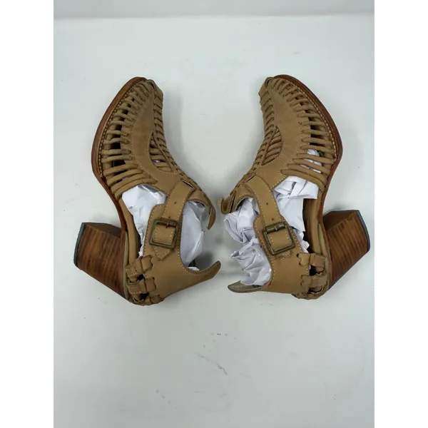 Freebird Poisn Huarache Bootie Sandals Tan Leather Woven Block Heel Womens 9 - Image 6