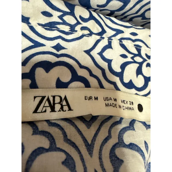 Zara Blue White Long Sleeve Floral Tie Waist Button Down A Line Mini Dress M - Image 4