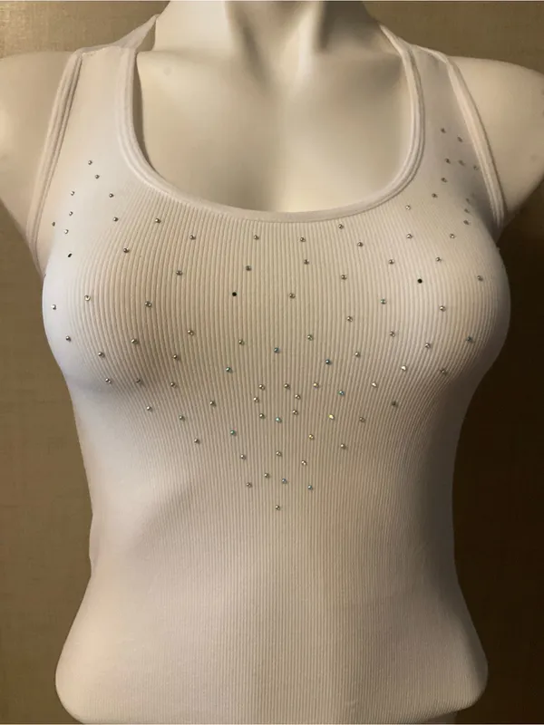 Women's White Racerback Tank Top with Crystal Detail - Image 2