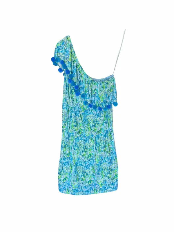 Lilly Pulitzer - Idara One-Shoulder Pom Pom Romper Blue Green Sz M - Image 3