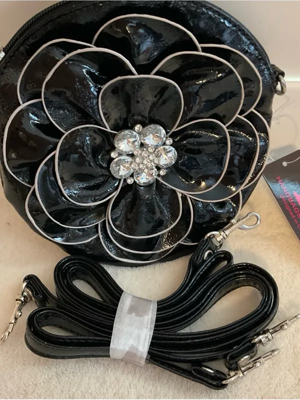 Black Floral Applique Crossbody Bag with Crystal Accent - Image 2